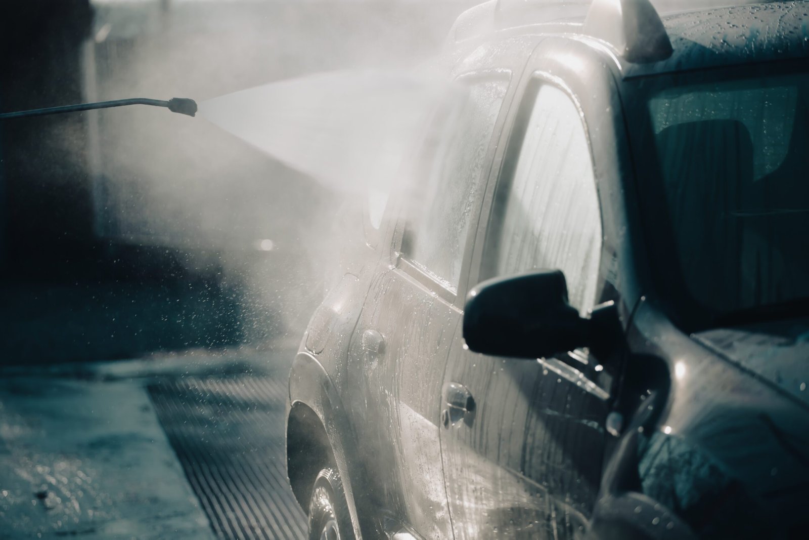 Car wash with pressurized water in car wash outside.